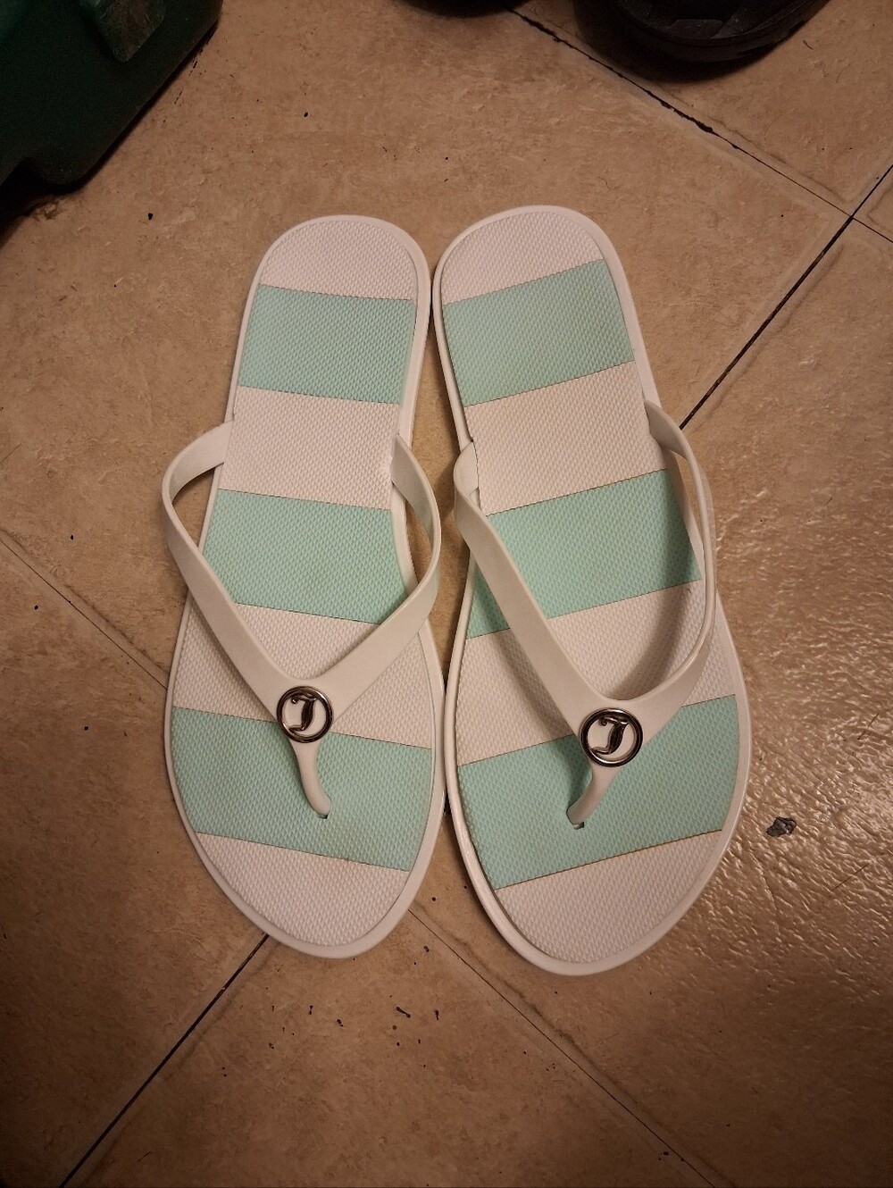 Women's White and Mint JUICY COUTURE Stripe Flip Flop Sandals size 9